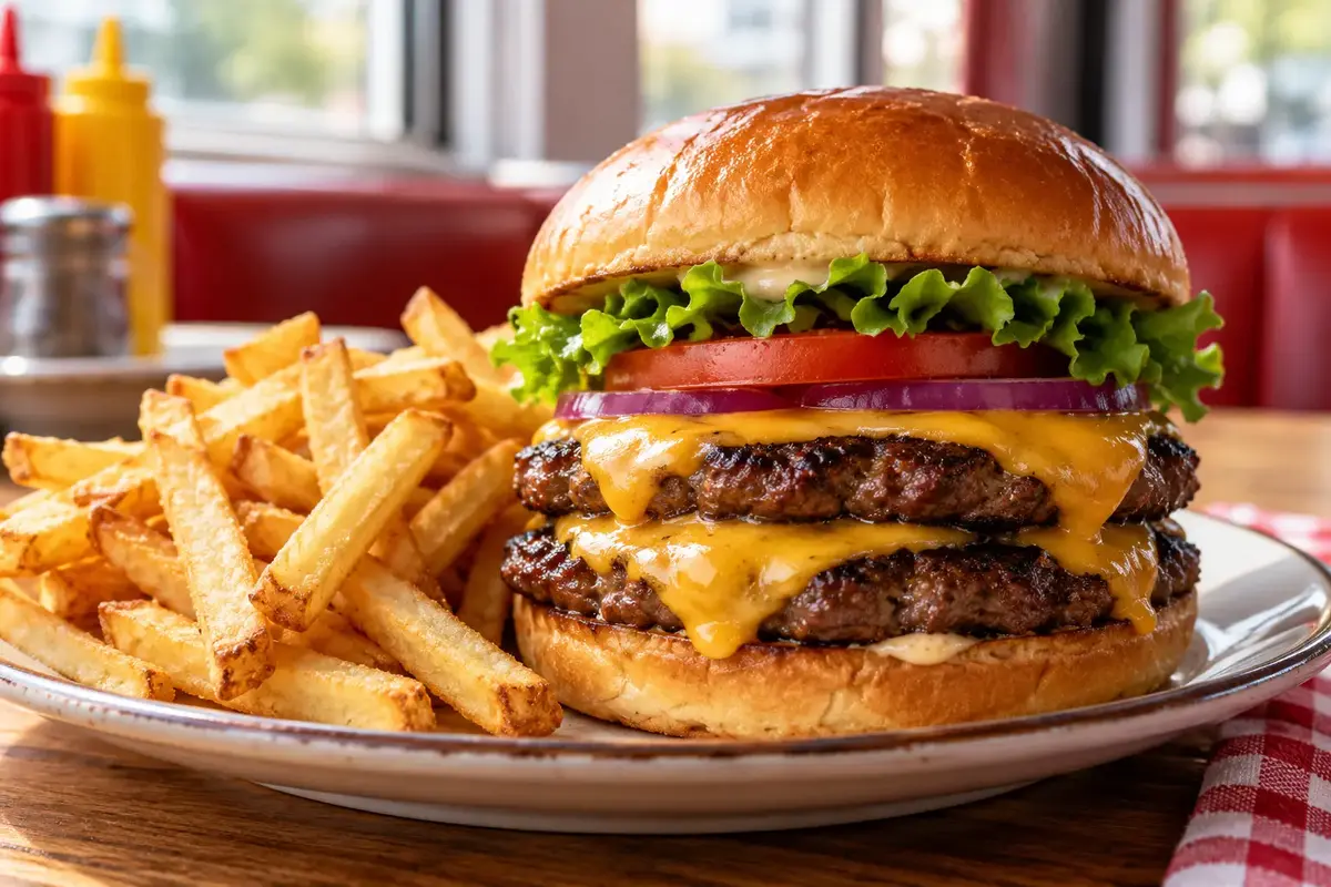 Golden burger and fries on a restaurant table, used as generic menu imagery