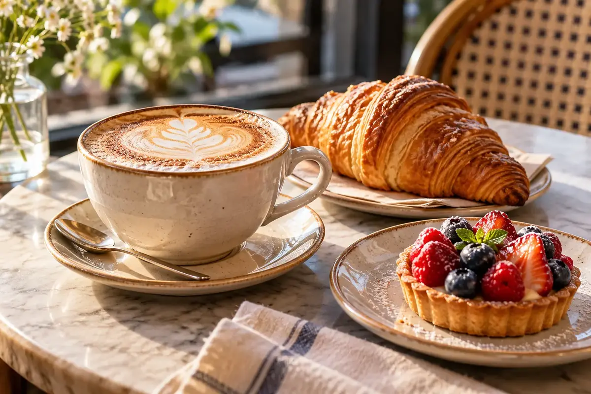 Cappuccino, croissant and berry tart on a cafe table