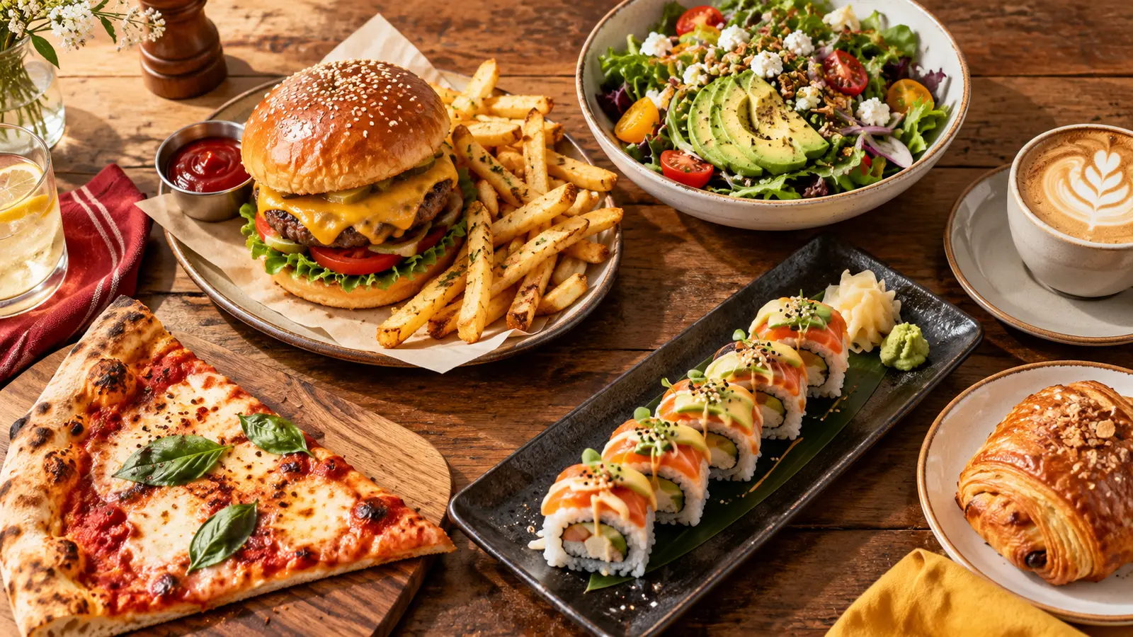Illustrative spread of burger, pizza, salad, sushi and cafe food
