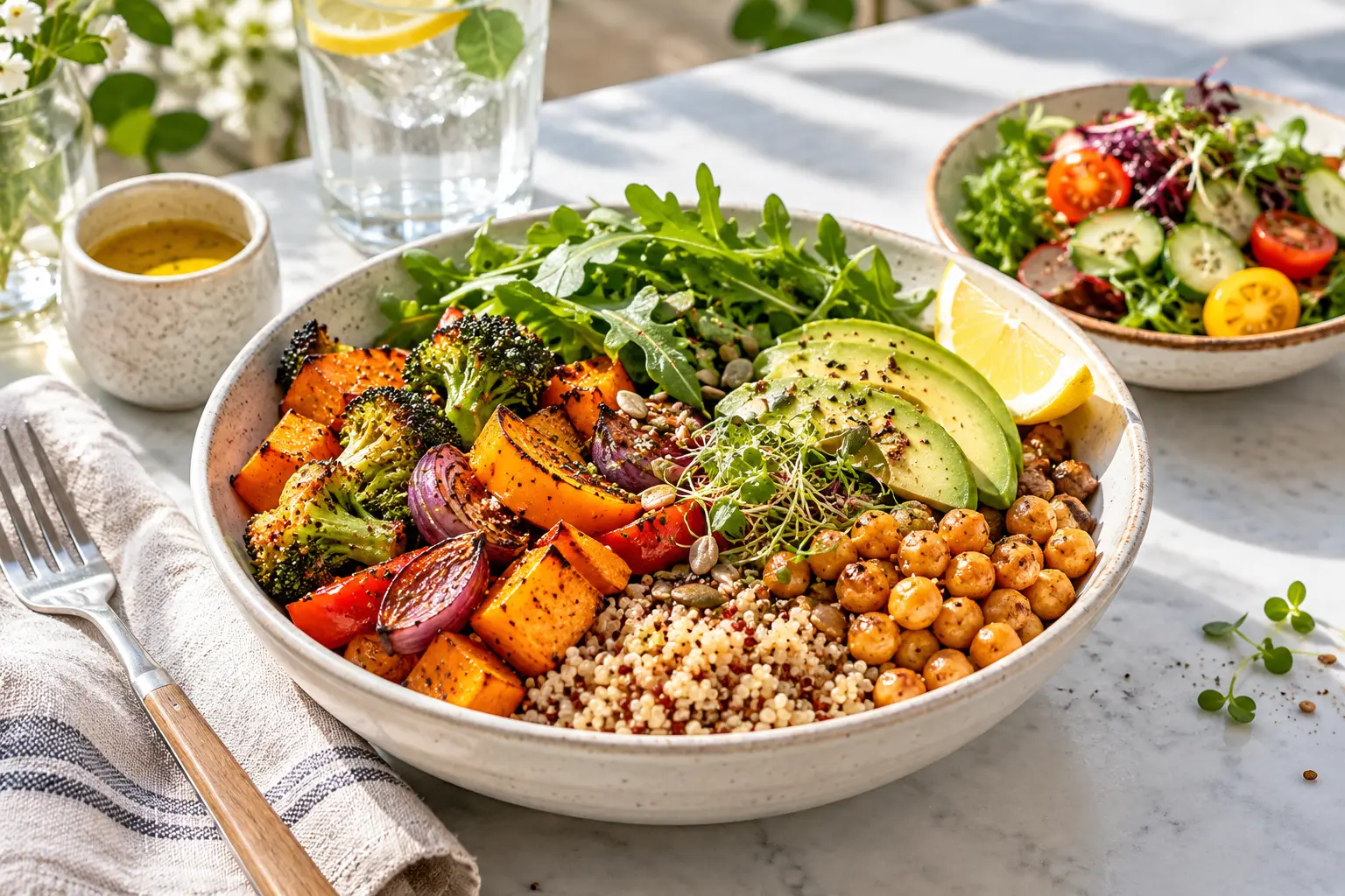 Colorful vegetarian grain bowl with roasted vegetables and chickpeas